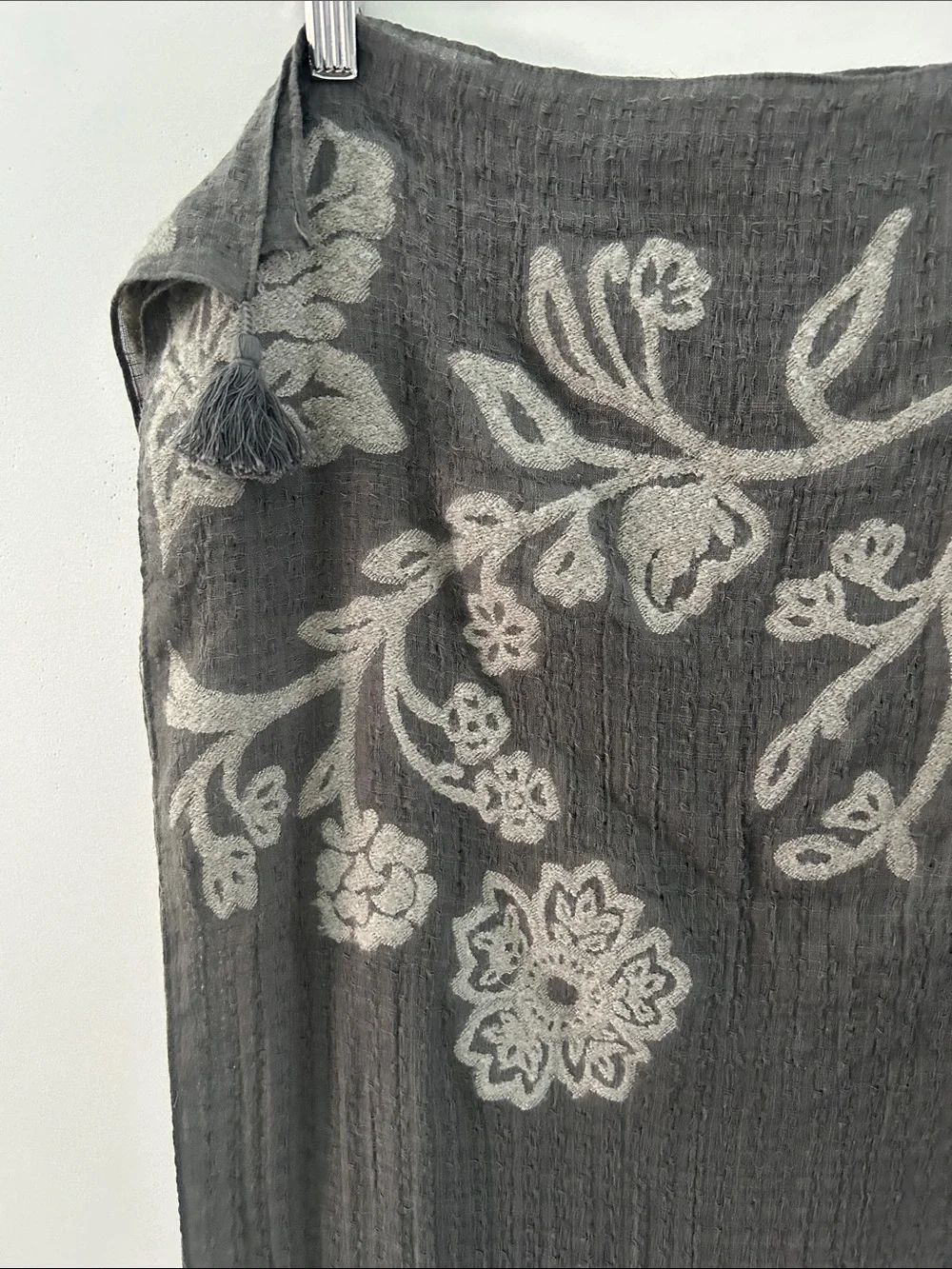 Pure Jill Gray Floral Embroidered Scarf Lightweight Drape Summer Evening Wrap